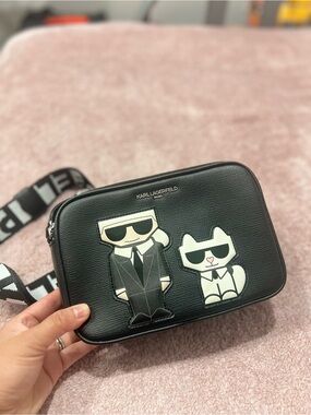 Karl Lagerfeld Black Leather Crossbody Bag with Cartoon Karl & Choupette Patches